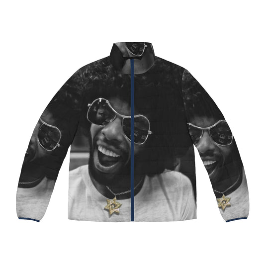 Sly Stone Puffer Jacket - Black and White Photo of Funk Music Icon in Recording Studio