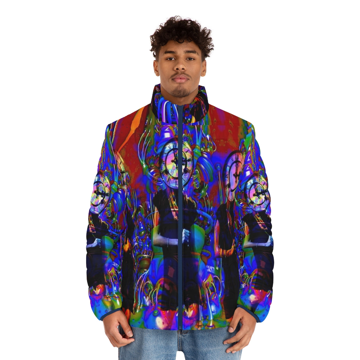 Colorful and abstract clockwork puffer jacket - men front