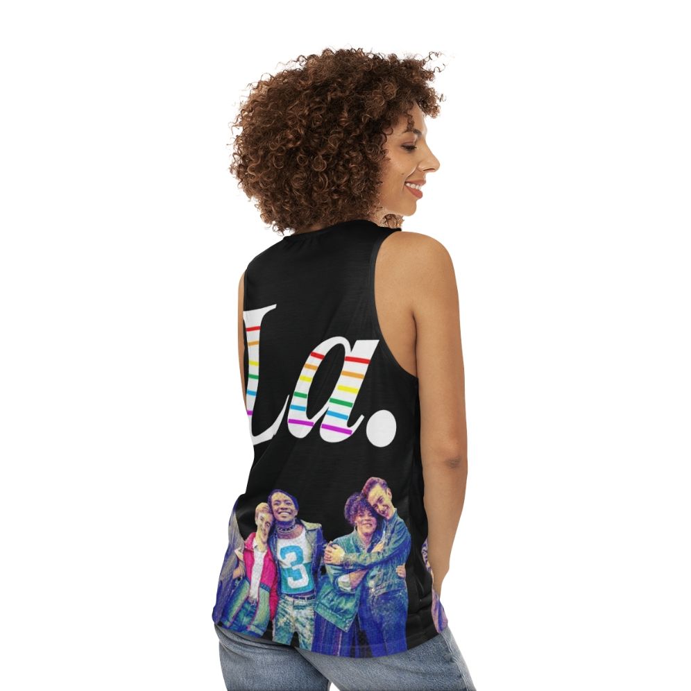 Colorful unisex tank top featuring "It's a Sin" design - women back