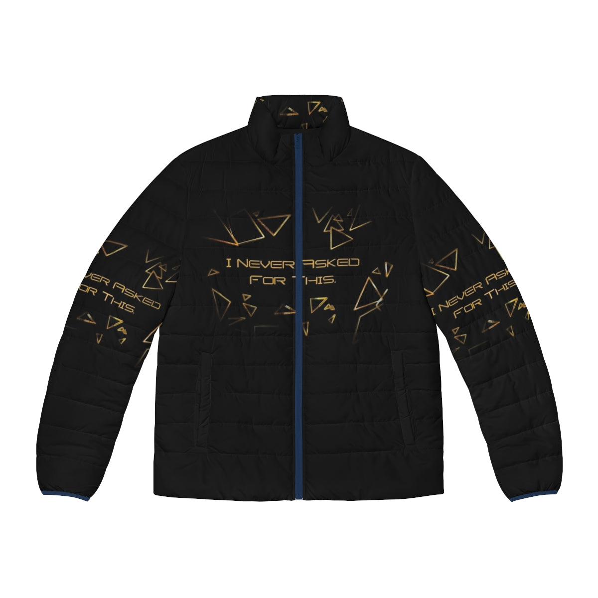 Deus Ex Puffer Jacket featuring the iconic "I Never Asked For This" game quote