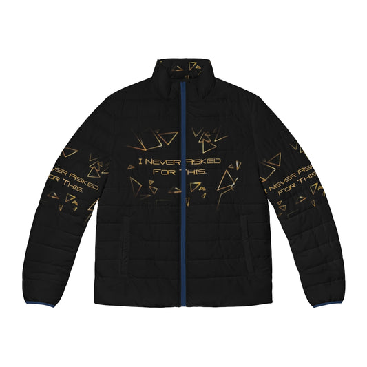 Deus Ex Puffer Jacket featuring the iconic "I Never Asked For This" game quote