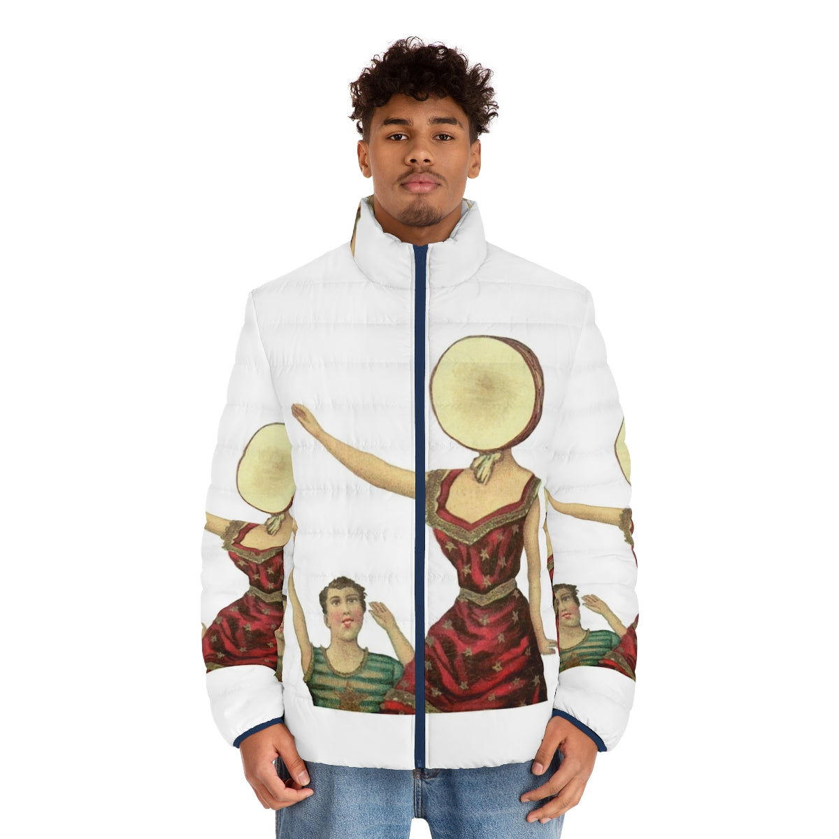 Neutral Milk Hotel puffer jacket featuring the iconic album cover art - men front