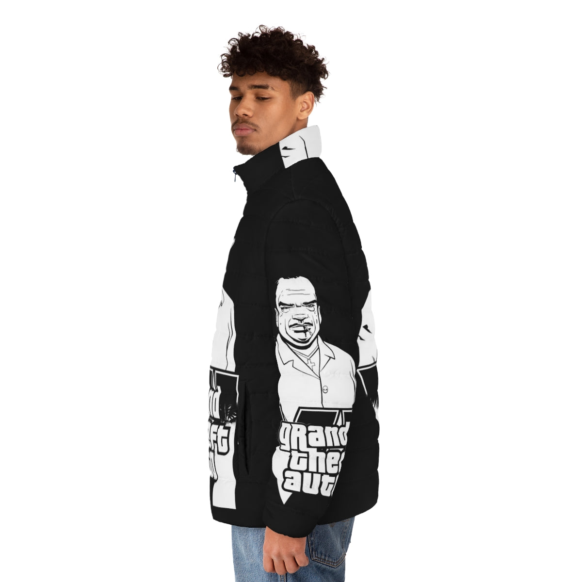 Grand Theft Auto Puffer Jacket featuring classic GTA gaming design - men side left