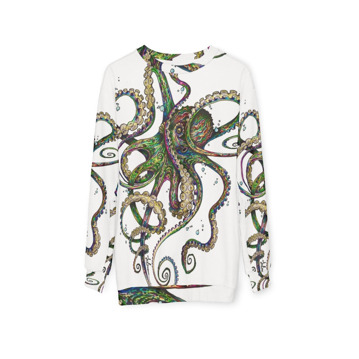 Psychedelic neon octopus design on a sweatshirt - hanging