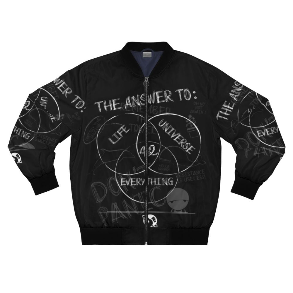 Hitchhiker's Guide to the Galaxy inspired bomber jacket featuring the number 42 and "Don't Panic" design