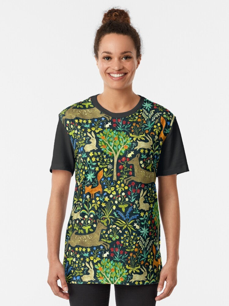 Arazzo Medievale medieval graphic t-shirt featuring animals like hares, rabbits, deer, and foxes in a forest setting - Women