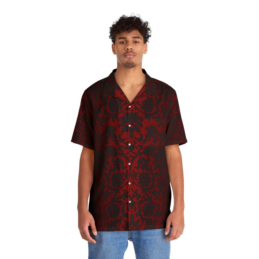 Dark Red and Black Damask Pattern Hawaiian Shirt - People Front