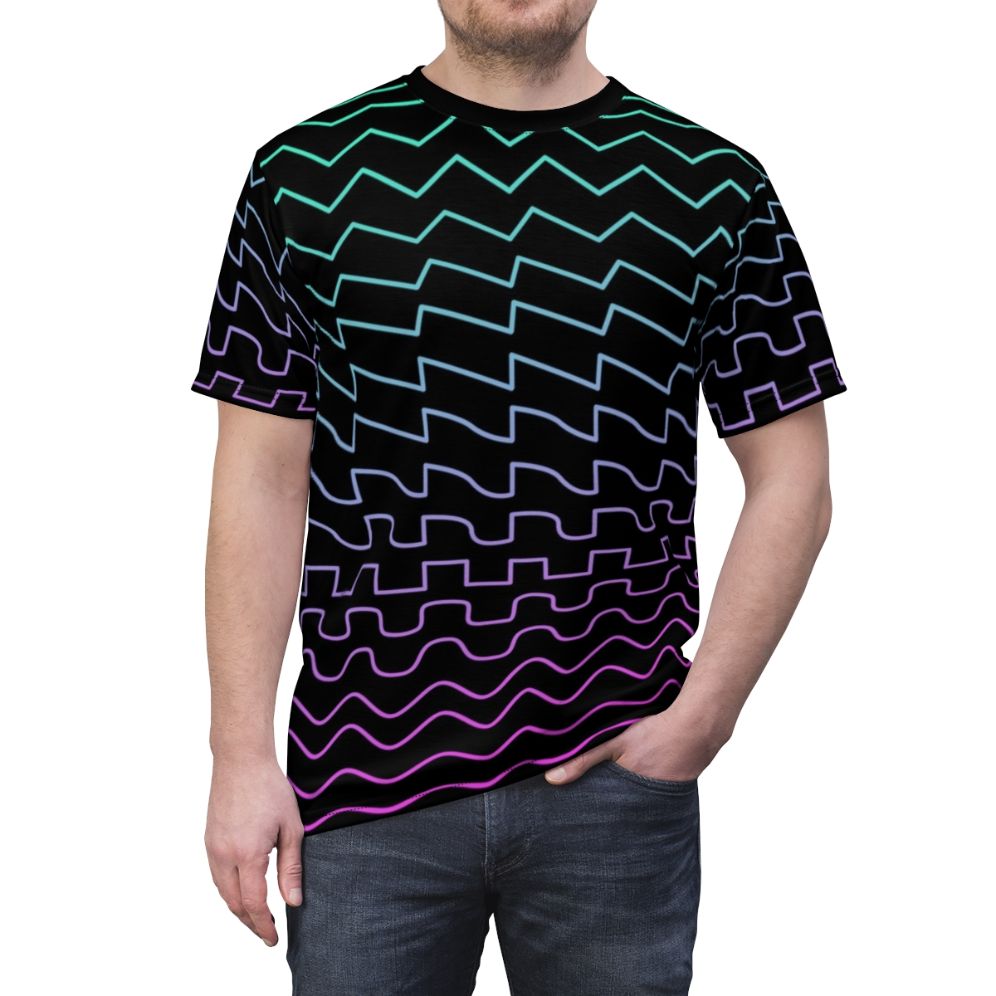 T-shirt featuring a stylized design of common synthesizer waveforms including sine, triangle, square, and saw. - men front