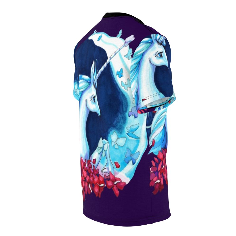 Enchanting moonlight unicorn t-shirt with blue butterflies and floral elements - men right