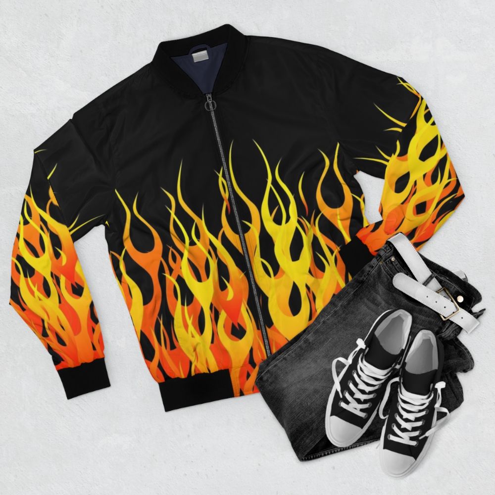 Blazing Racing Flames Bomber Jacket with Realistic Car Racing Design - Flat lay