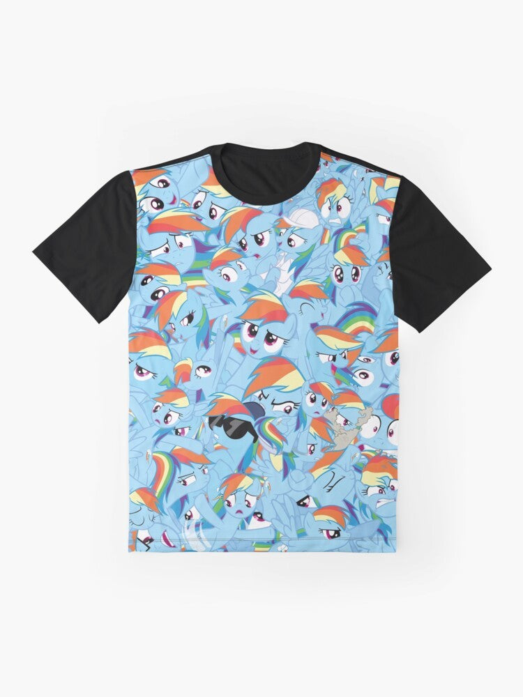 Rainbow Dash, the beloved My Little Pony character, featured on a colorful graphic t-shirt for bronies. - Flat lay