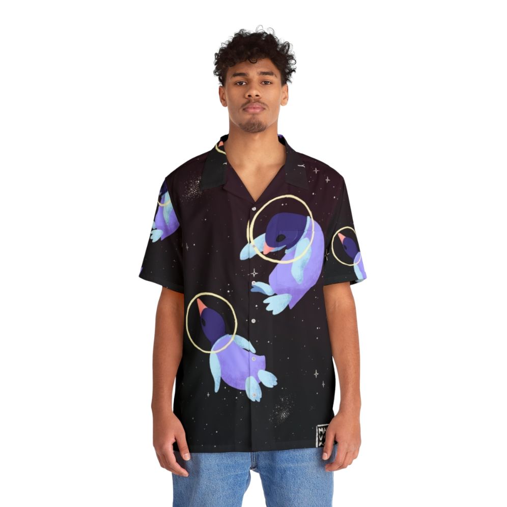 Cute space penguins in a galaxy print Hawaiian shirt design - People Front