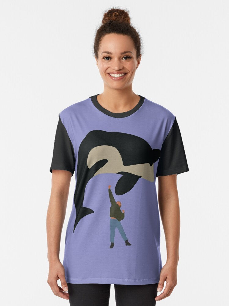 A minimalist, flat art graphic t-shirt featuring the iconic Free Willy whale on a white background. - Women