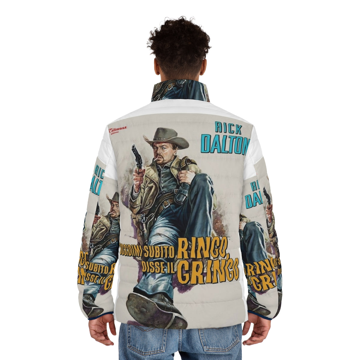 Once Upon a Time in Hollywood Puffer Jacket featuring Leonardo DiCaprio and Quentin Tarantino inspired design - men back