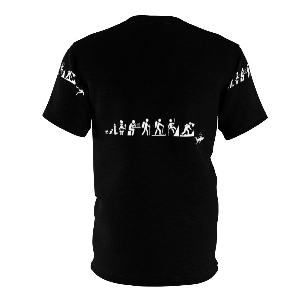 Stylish AOP t-shirt featuring the evolution of hobbies like caving, scuba diving, and cooking - Back