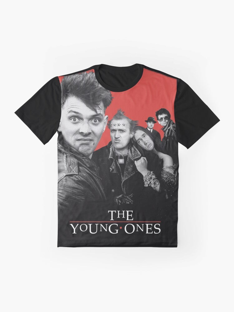 Retro The Young Ones graphic t-shirt featuring Rik Mayall and the cast of the 1980s comedy series - Flat lay