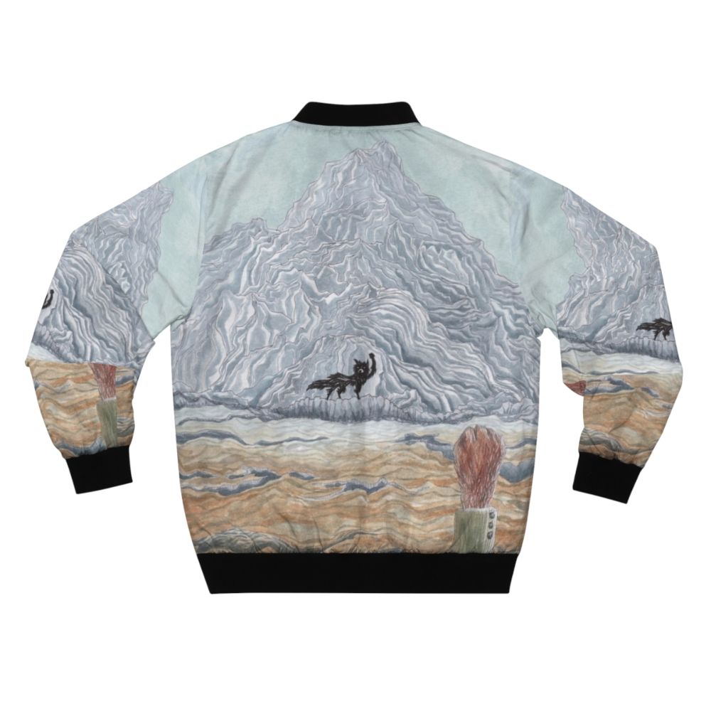 Wes Anderson "The Winter Wolf" Fantastic Mr. Fox inspired bomber jacket with watercolor illustrations of a wolf, fox, and mountain landscape. - Back