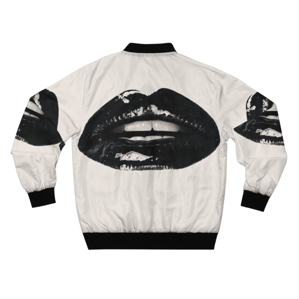 Black bomber jacket with realistic lips and teeth design, featuring a gothic, vampire-inspired style. - Back