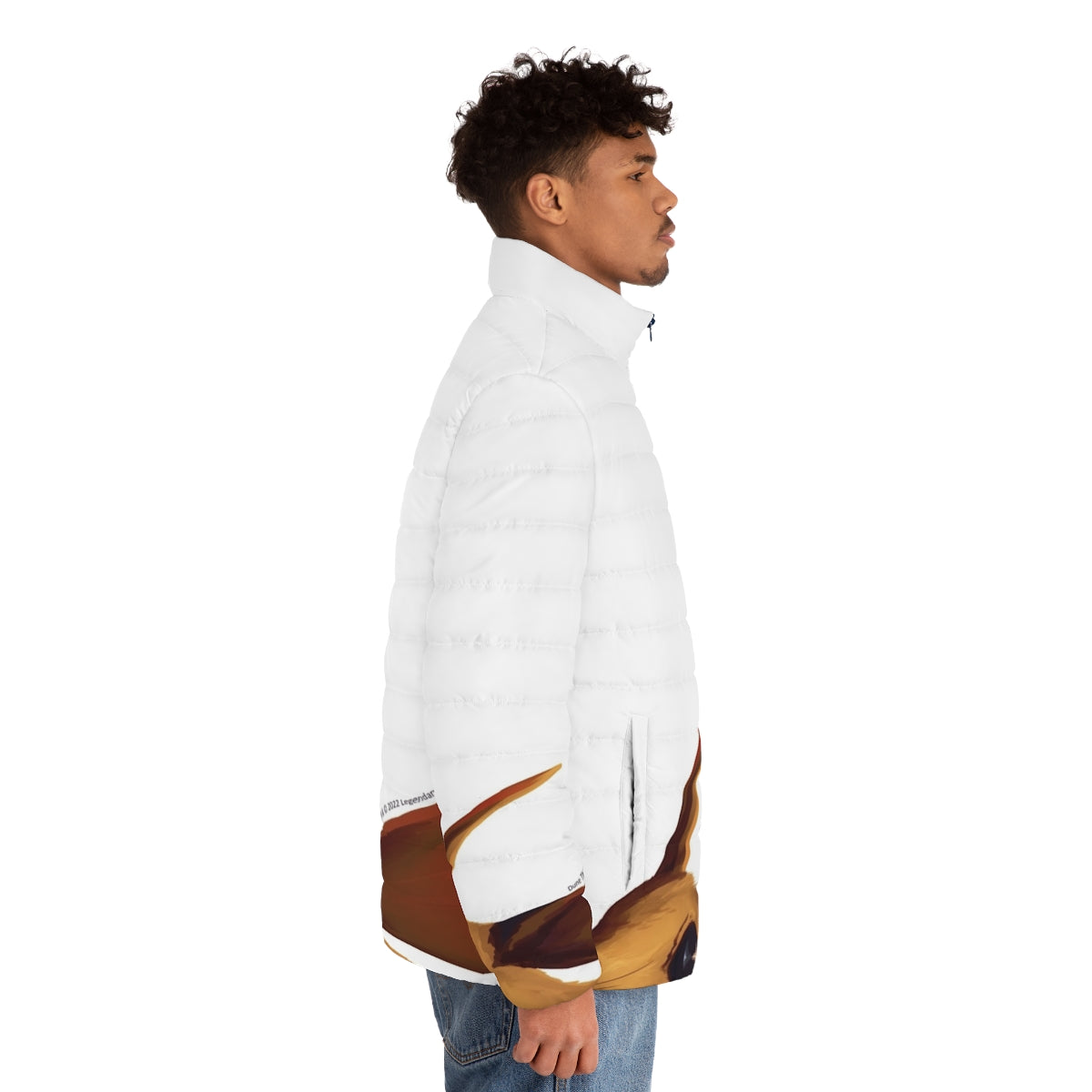 A puffer jacket featuring a desert mouse design inspired by the Dune movie - men side right