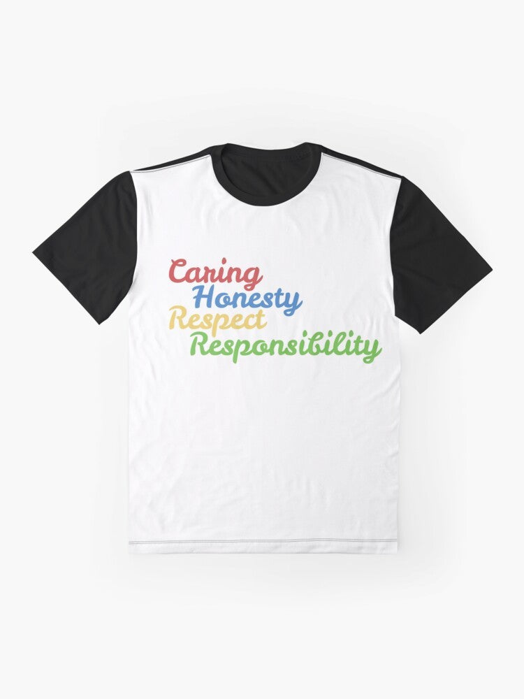 YMCA Core Values Graphic T-Shirt featuring the words "caring, honesty, respect, responsibility" - Flat lay