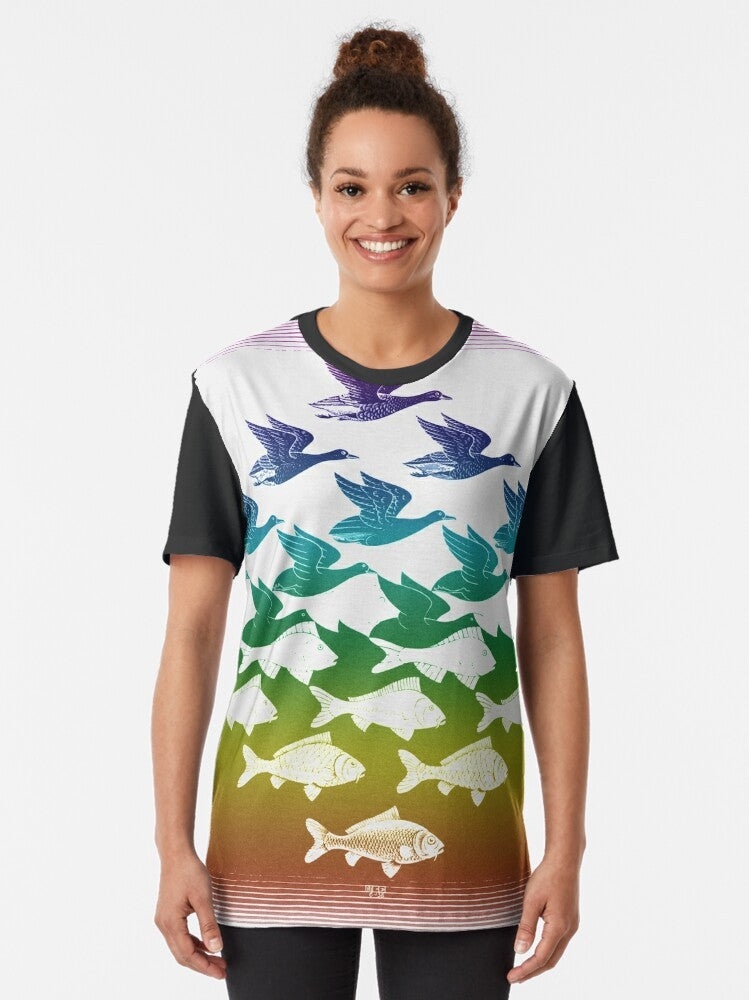 Escher-inspired optical illusion graphic t-shirt featuring colorful nature and animal elements - Women