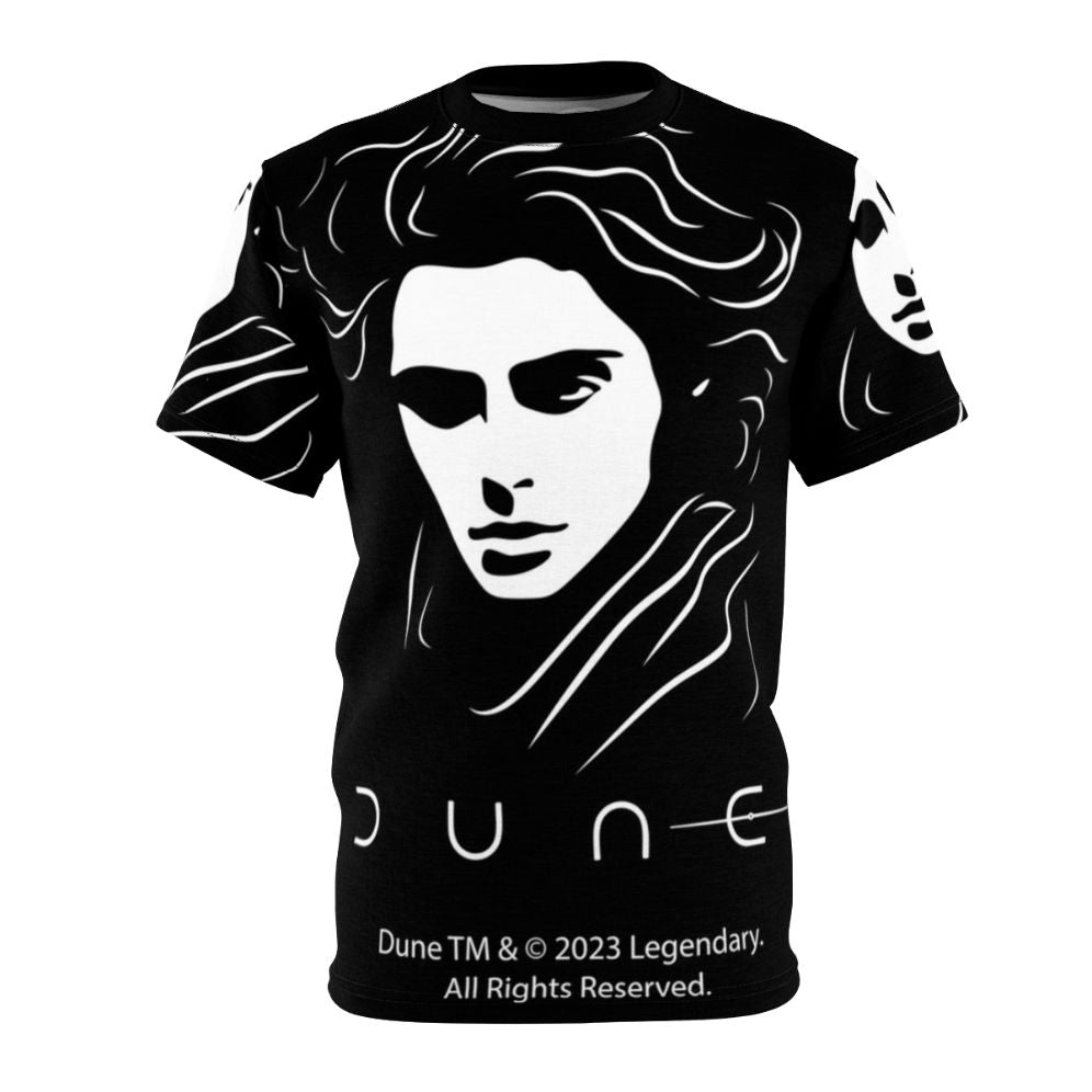 Paul Atreides from the Dune universe featured on an all-over print t-shirt