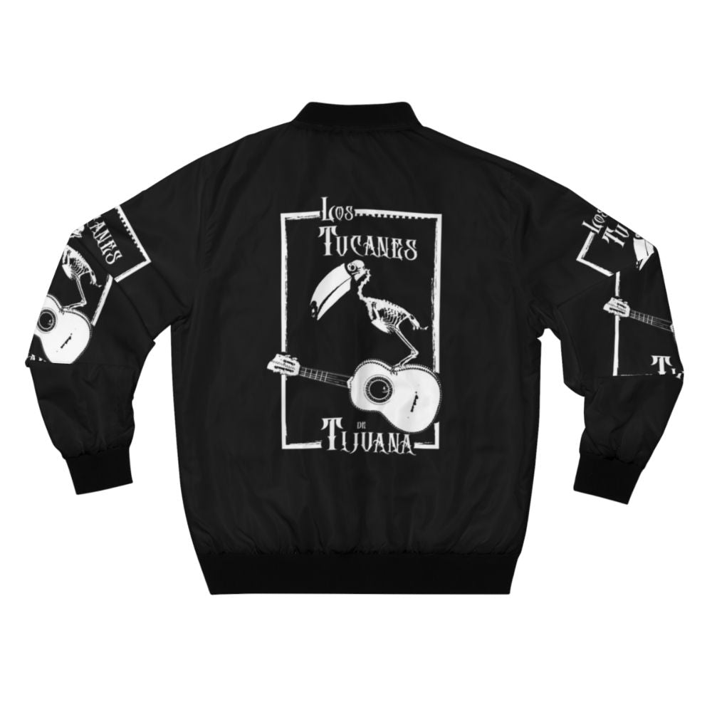 Los Tucanes de Tijuana heavy metal-inspired bomber jacket featuring a skeleton design - Back