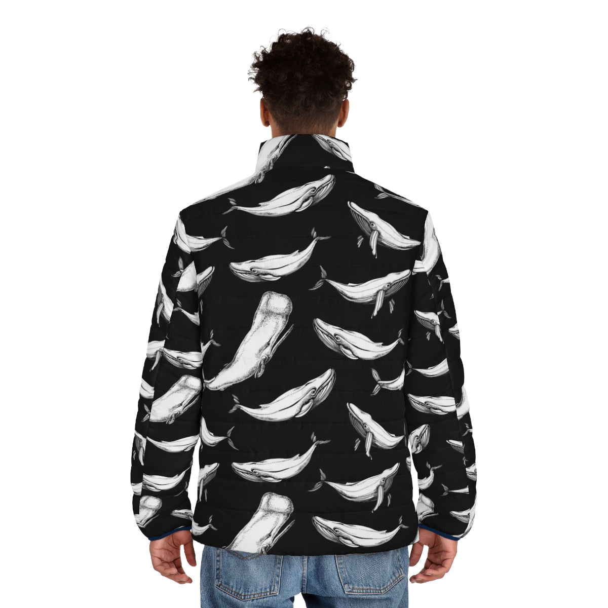 Black patterned puffer jacket with whales and whale graphics - men back