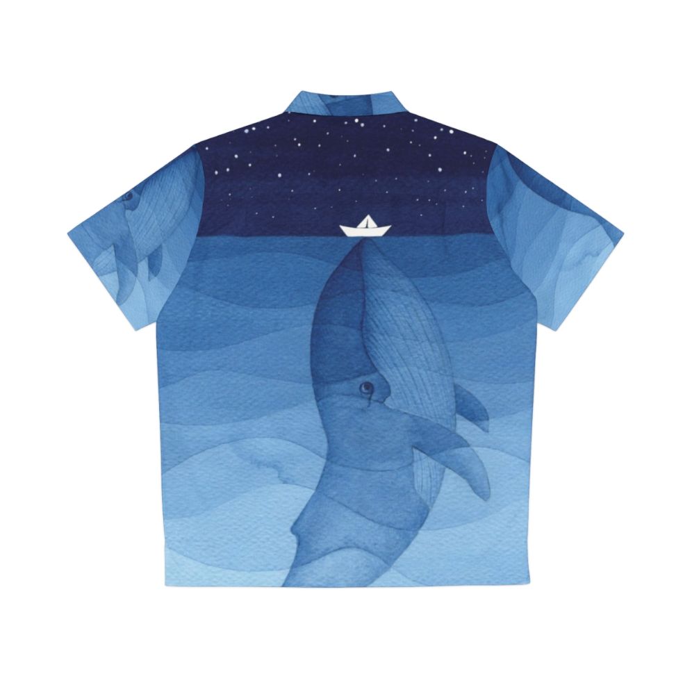 Watercolor blue whale Hawaiian shirt with nautical ocean and nature design - Back