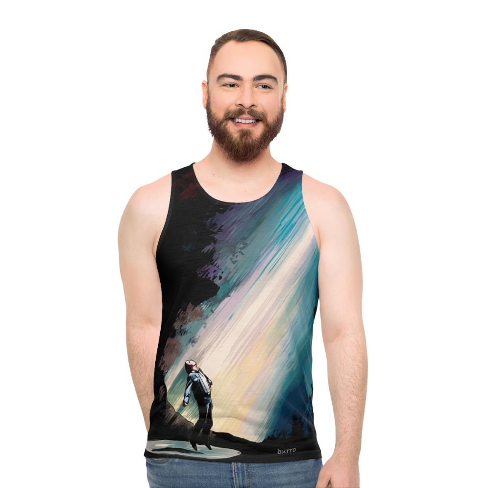 Vibrant sci-fi illustration of a fire in the sky with UFOs on a unisex tank top - men