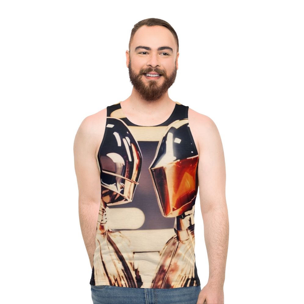 Unisex retro 70s disco tank top with robot design - men