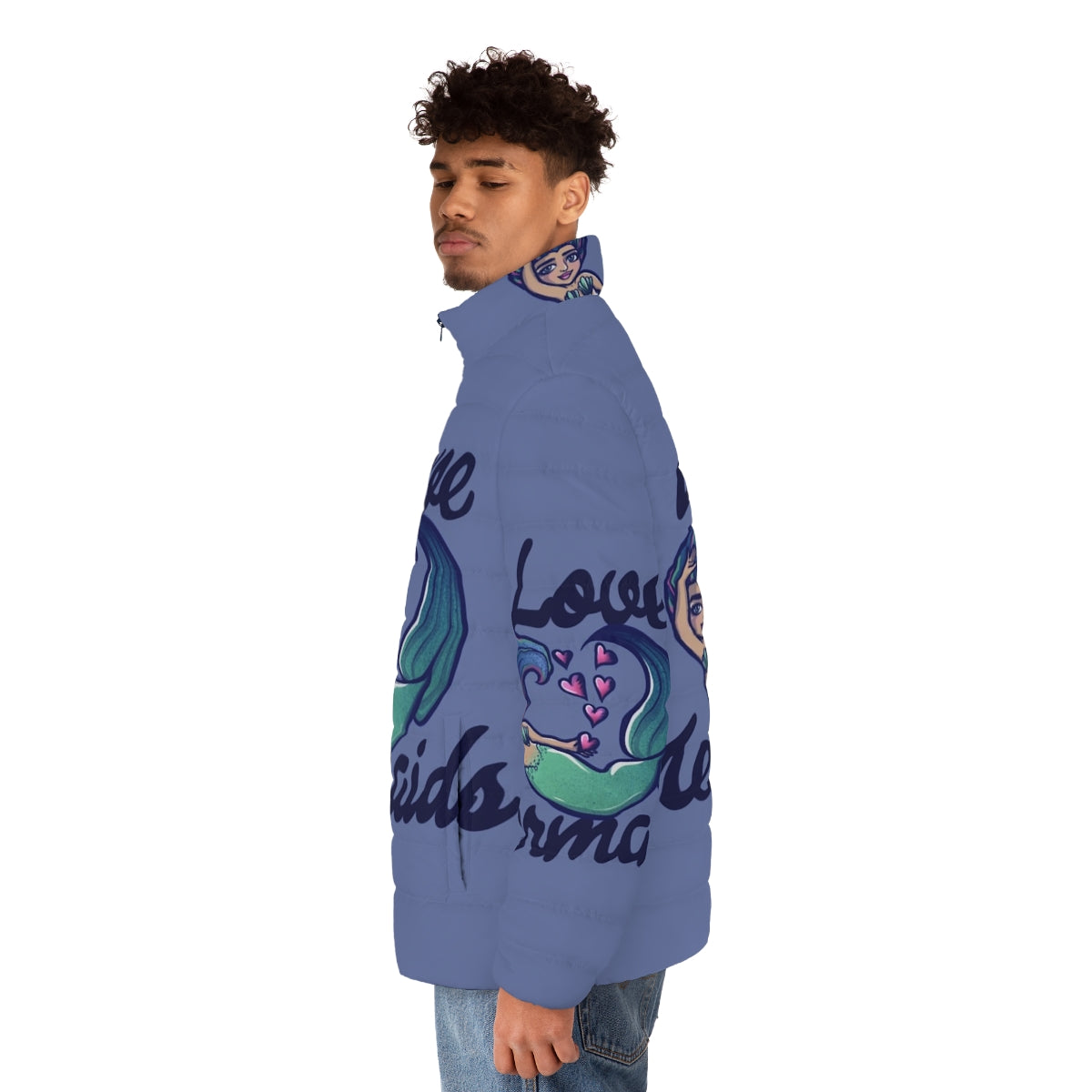 Mermaid puffer jacket with a playful mermaid design for mermaid lovers - men side left