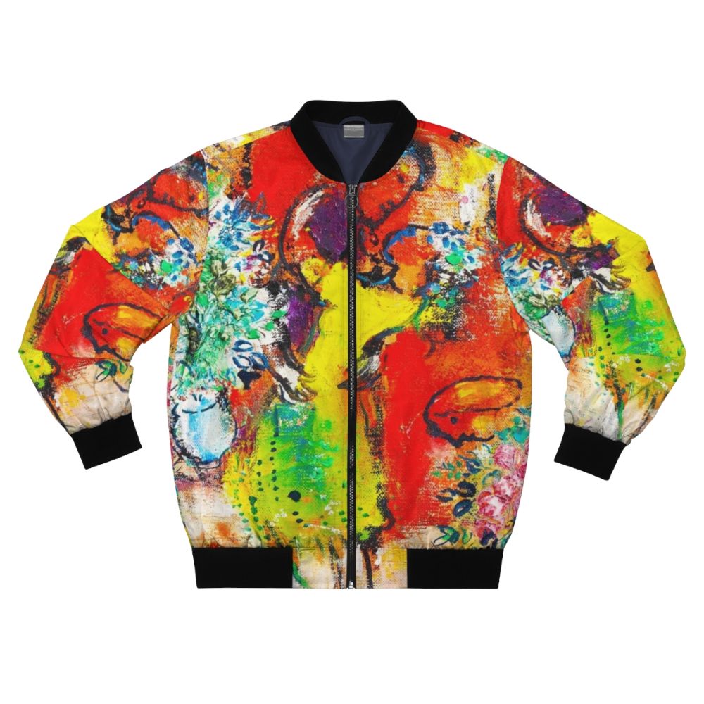 Colorful bomber jacket featuring Marc Chagall's iconic art