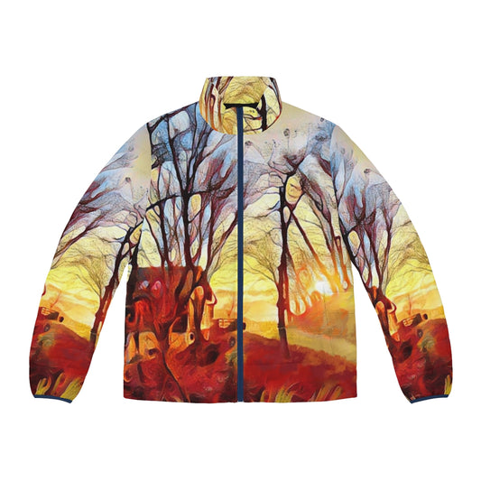 Vibrant digital art depicting a winter dawn landscape with a puffer jacket in the foreground