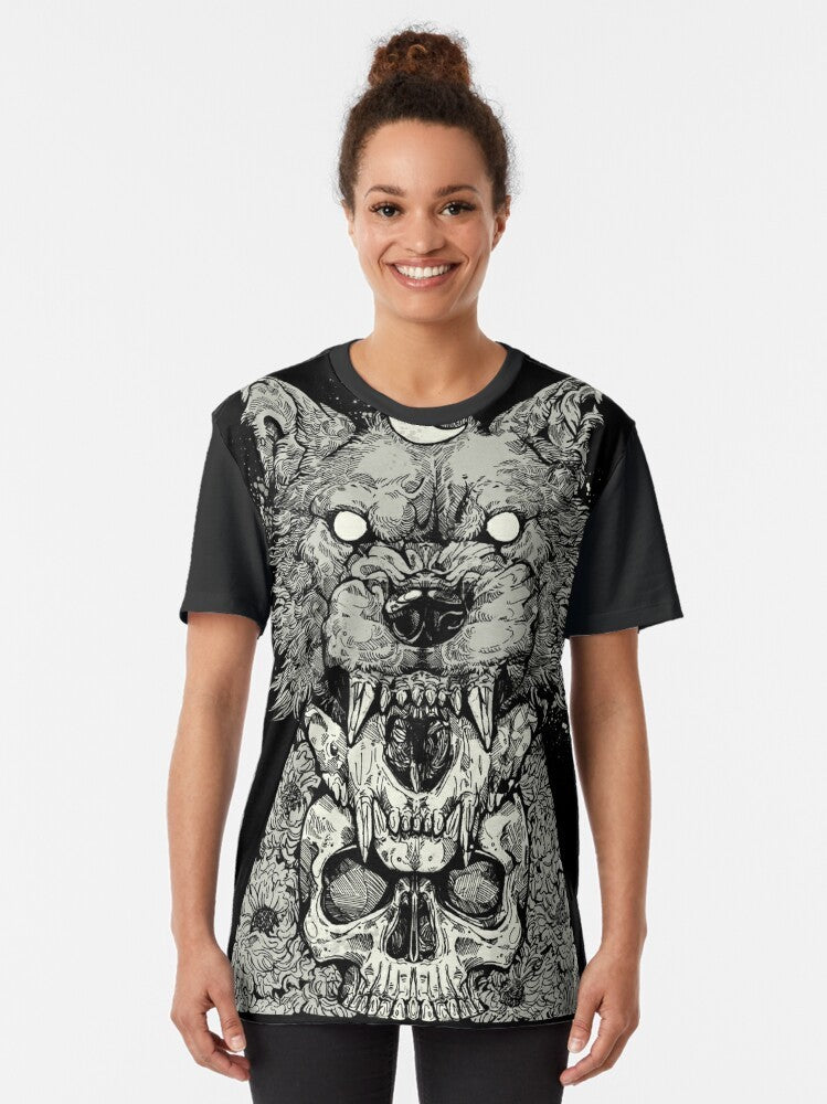 Howling wolf graphic design on a black t-shirt - Women