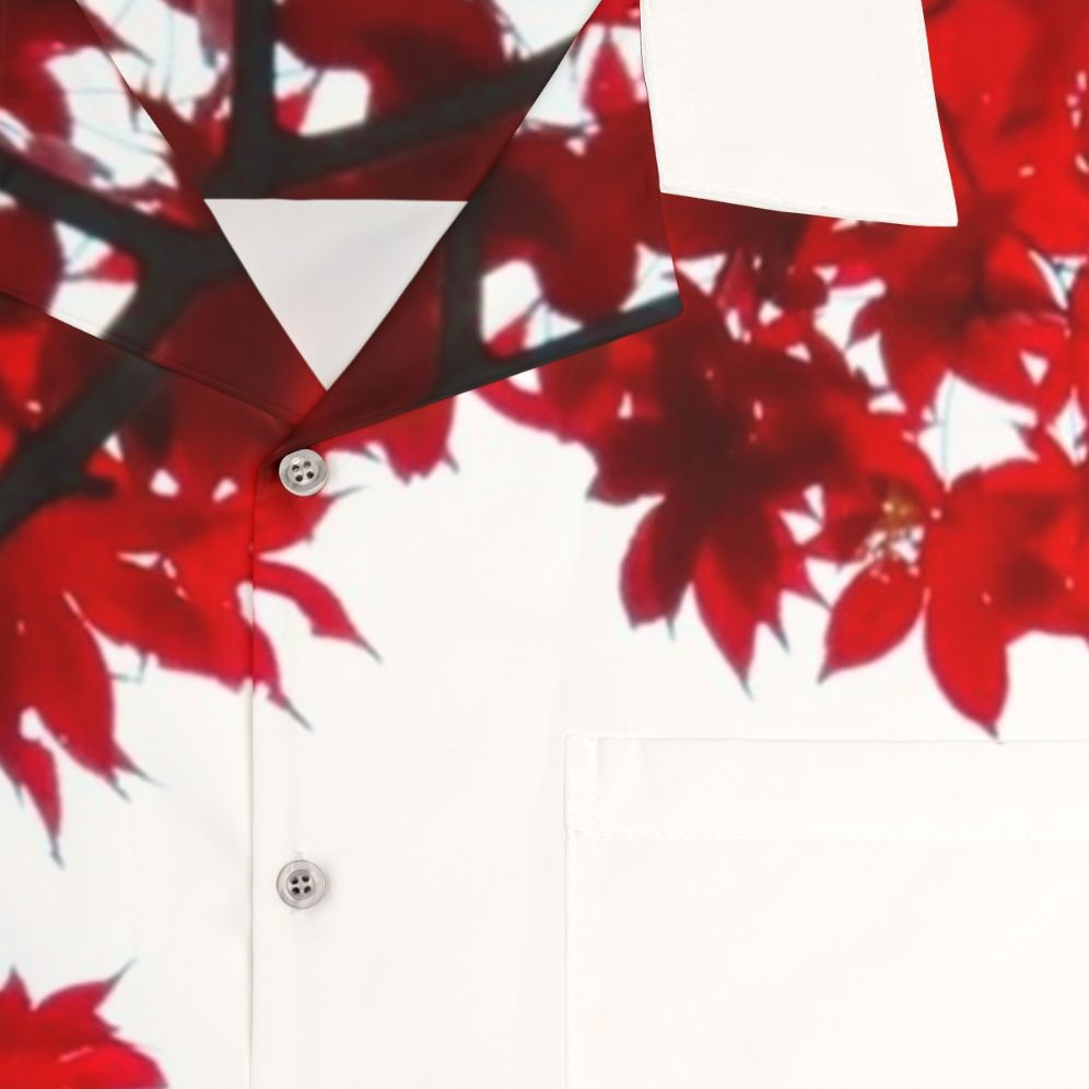 Koyo Hawaiian Shirt with Vibrant Red Maple Leaves - Detail