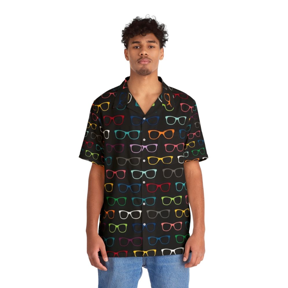 Colorful Hawaiian shirt with a vibrant eyeglasses pattern, perfect for the smart and stylish - People Front