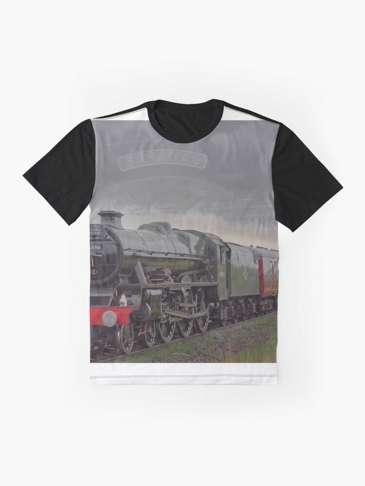 Vintage-inspired graphic tee featuring a steam train from the Bahamas railway - Flat lay