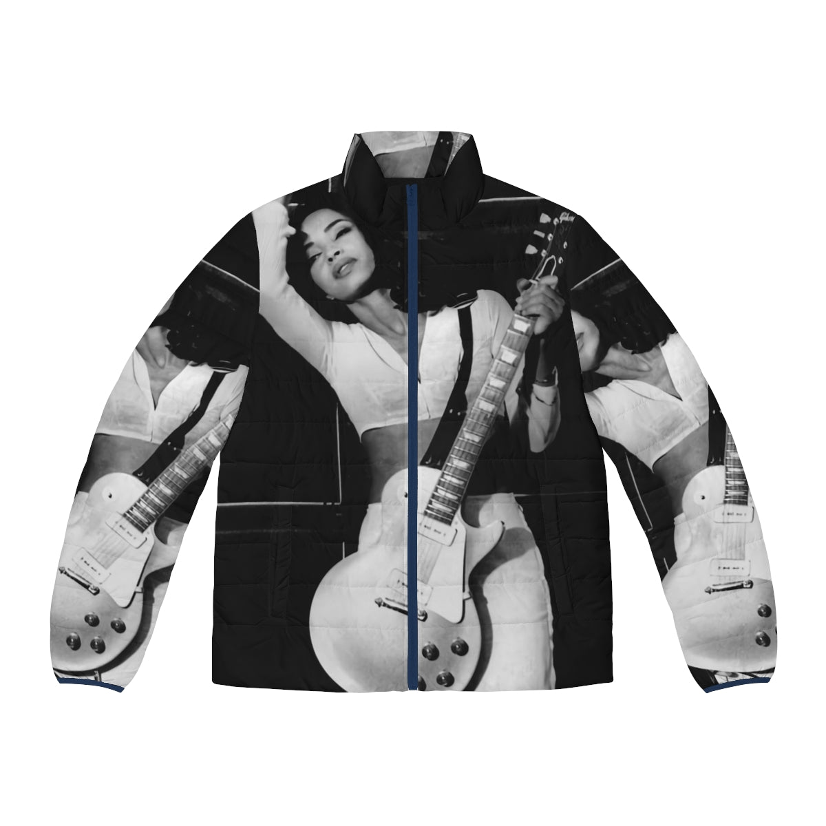 A puffer jacket featuring a photo of the iconic musician Sade, with a guitar and retro-inspired design.