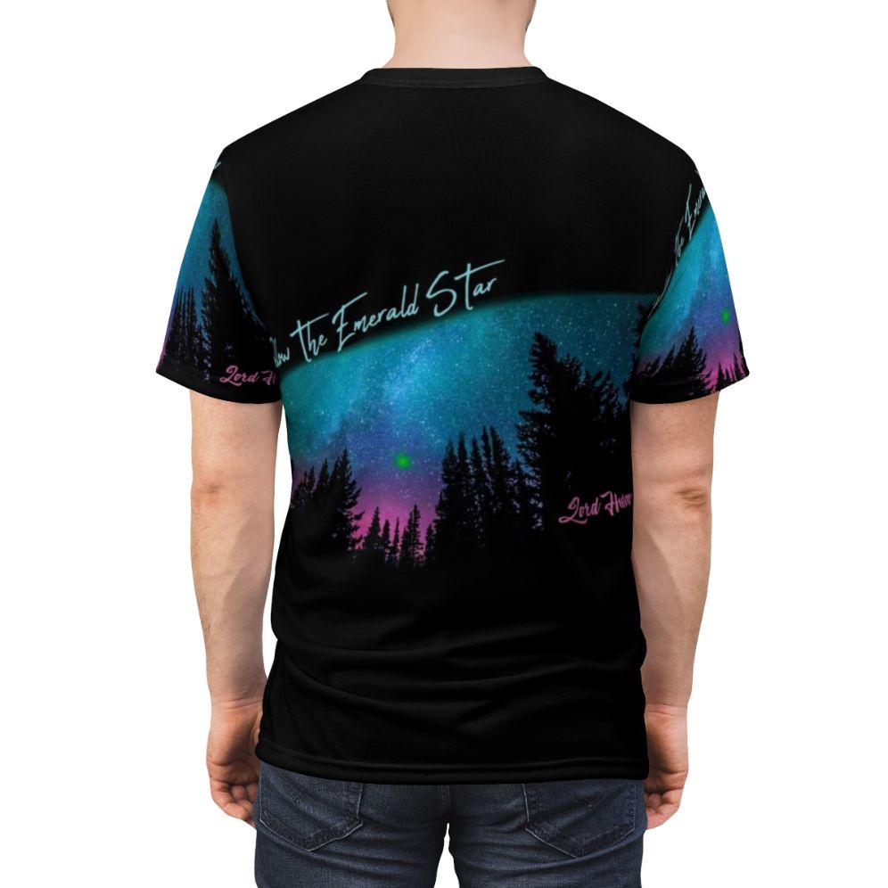 A stylish t-shirt featuring a cosmic galaxy silhouette design, inspired by the music of Lord Huron. - men back