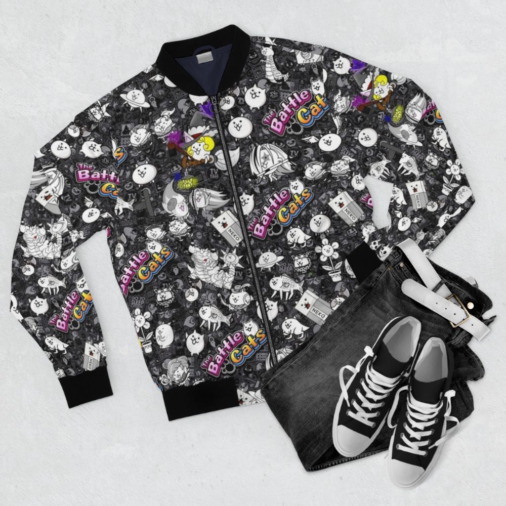 Battle Cats Cute Bomber Jacket with Adorable Cat Design - Flat lay