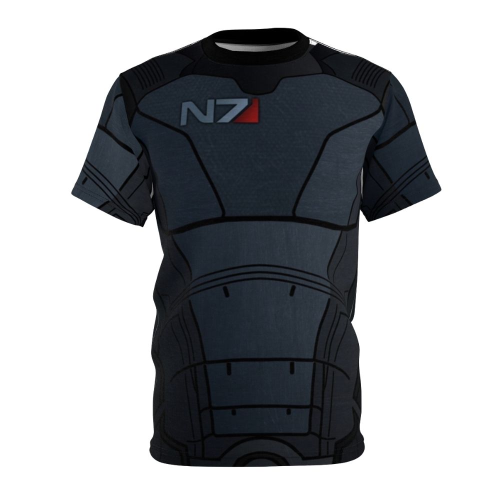 Futuristic Mass Effect inspired power armor t-shirt design featuring Commander Shepard's iconic N7 armor