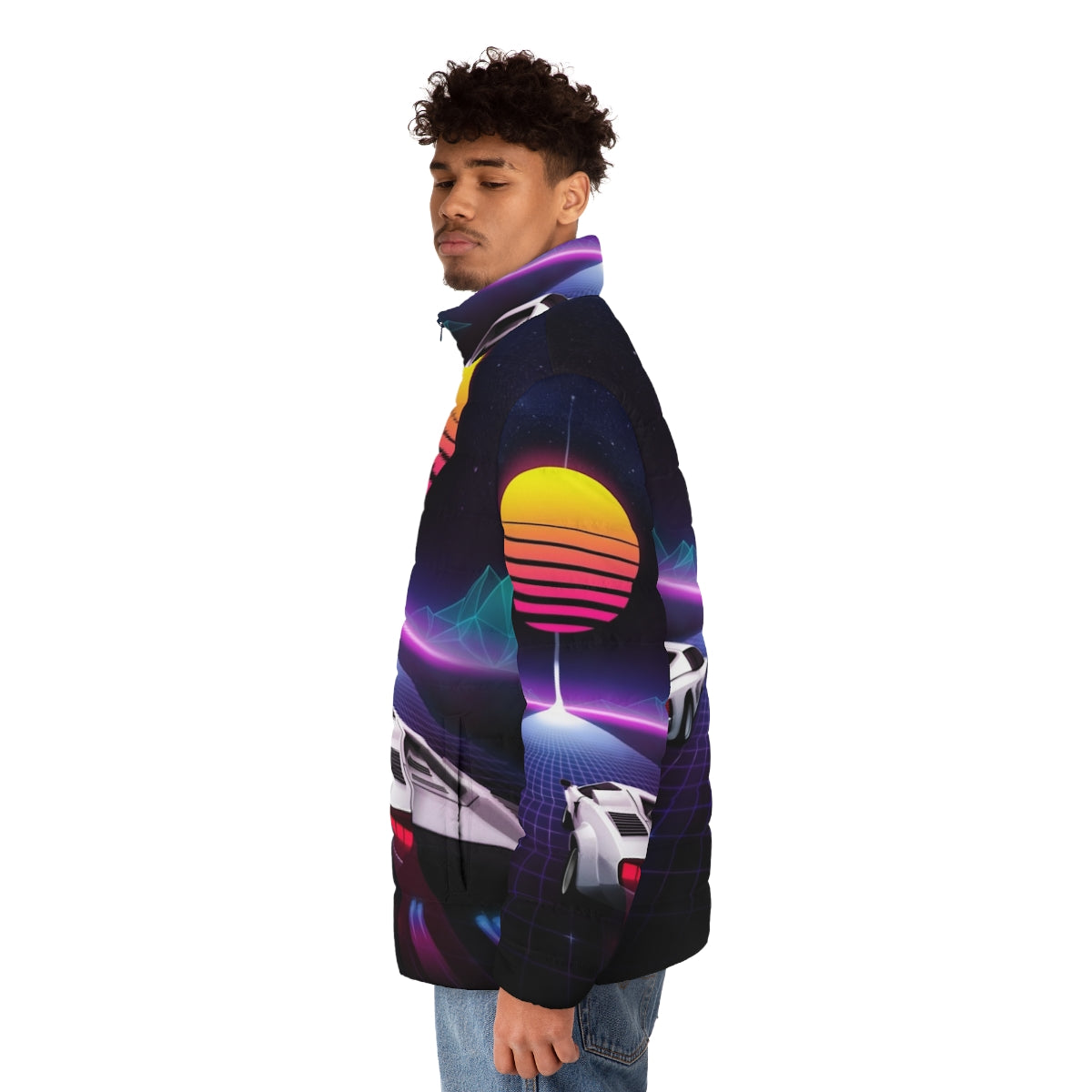 Neon Puffer Jacket with Cosmic Sky and Race Car Inspired Design - men side left