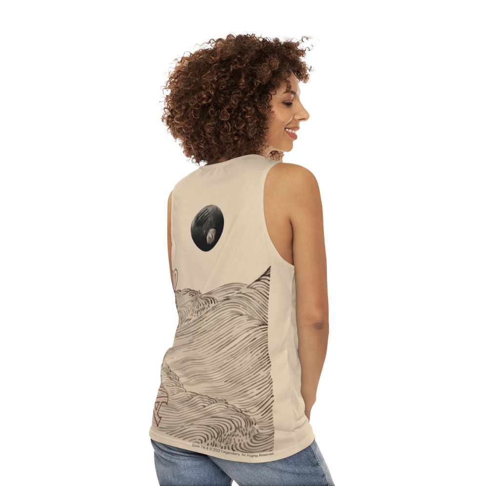 Dune inspired unisex tank top with desert landscape design - women back