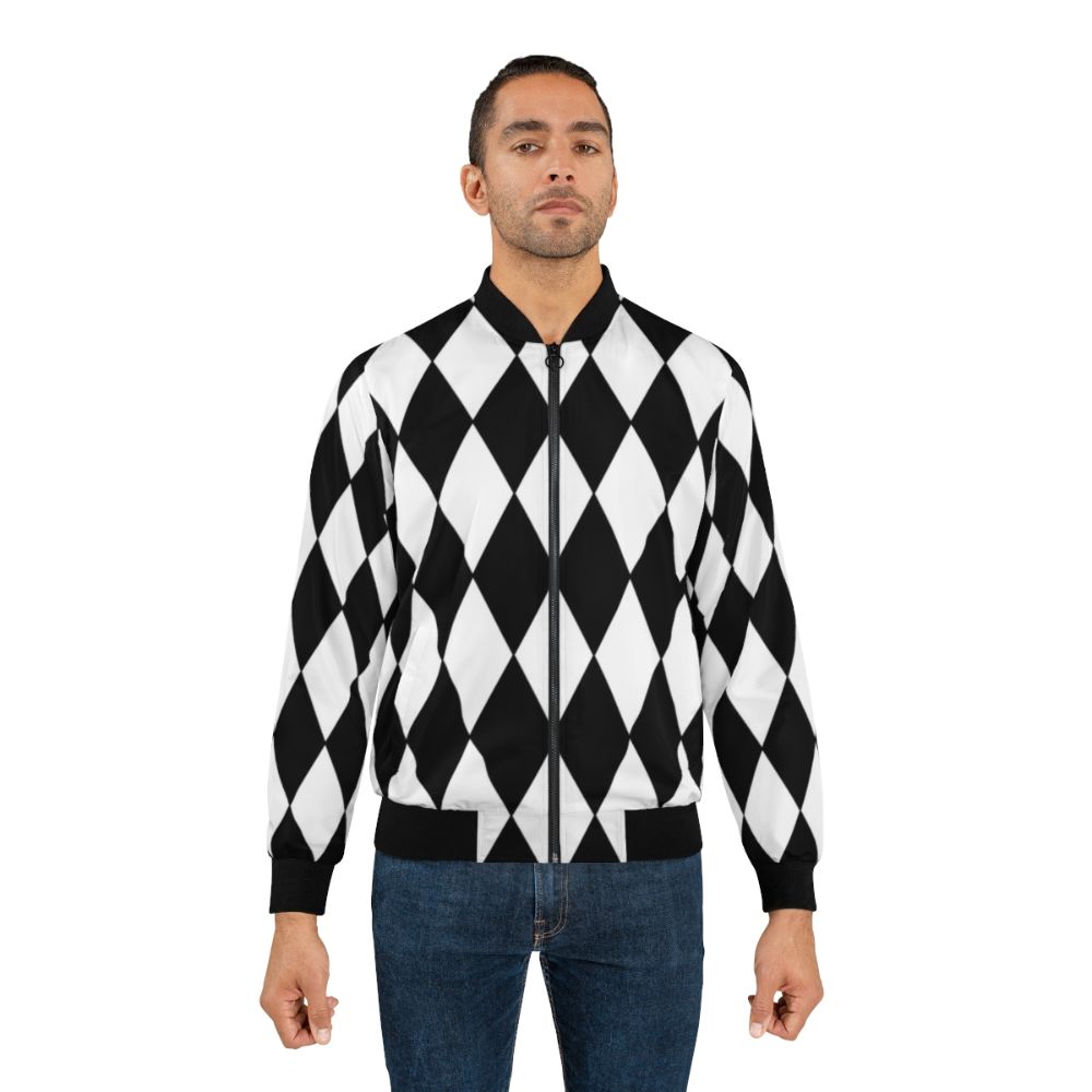 Black and white bomber jacket with a harlequin diamond pattern design - Lifestyle