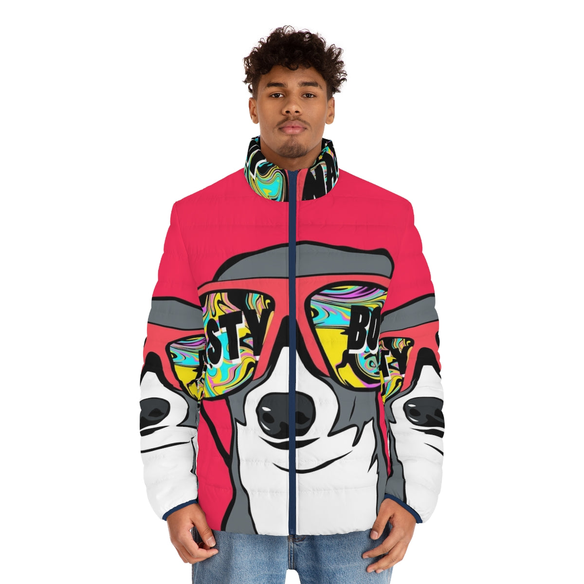 Kermit the Frog inspired puffer jacket with a cute dog design - men front