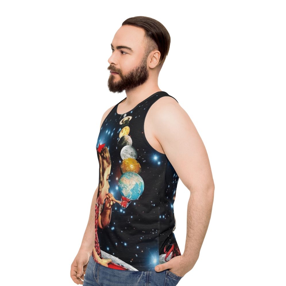 Psychedelic unisex tank top with surreal, vintage-inspired design - men side