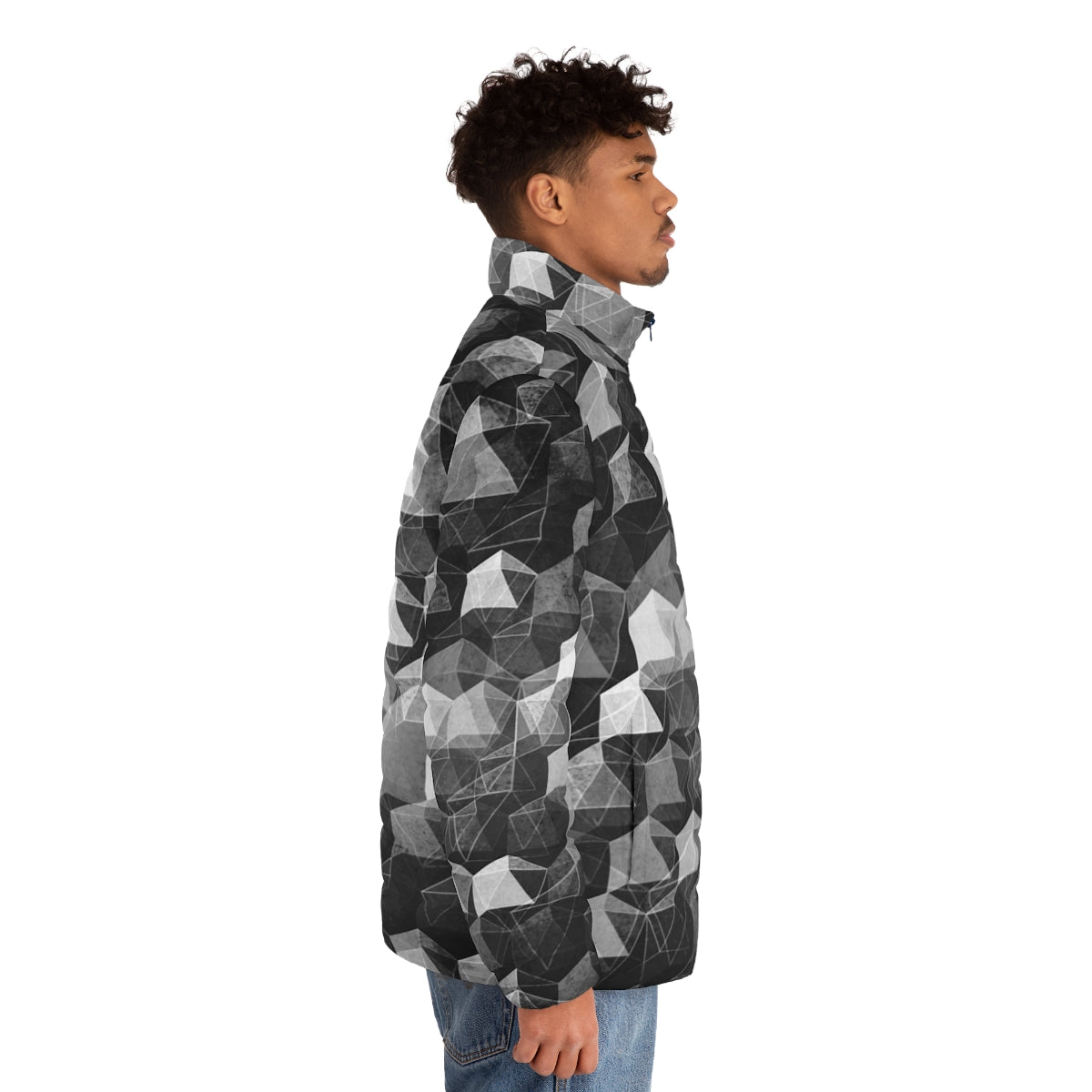 Monochrome geometric puffer jacket with an abstract pattern - men side right