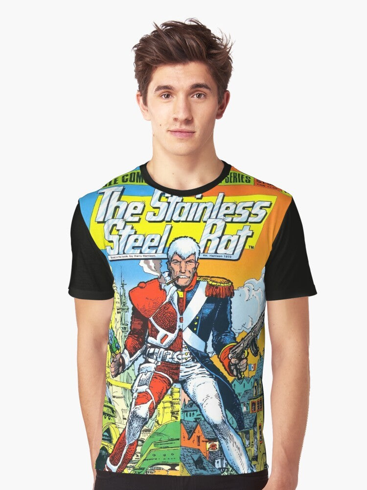 A graphic t-shirt featuring the cover art of "The Stainless Steel Rat Issue 3", a science fiction design with a retro, vintage style. - Men