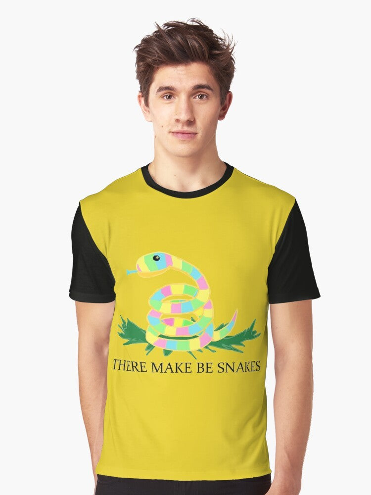 "There May Be Snakes" Graphic T-Shirt featuring a snake silhouette design for outdoor enthusiasts and adventure seekers. - Men